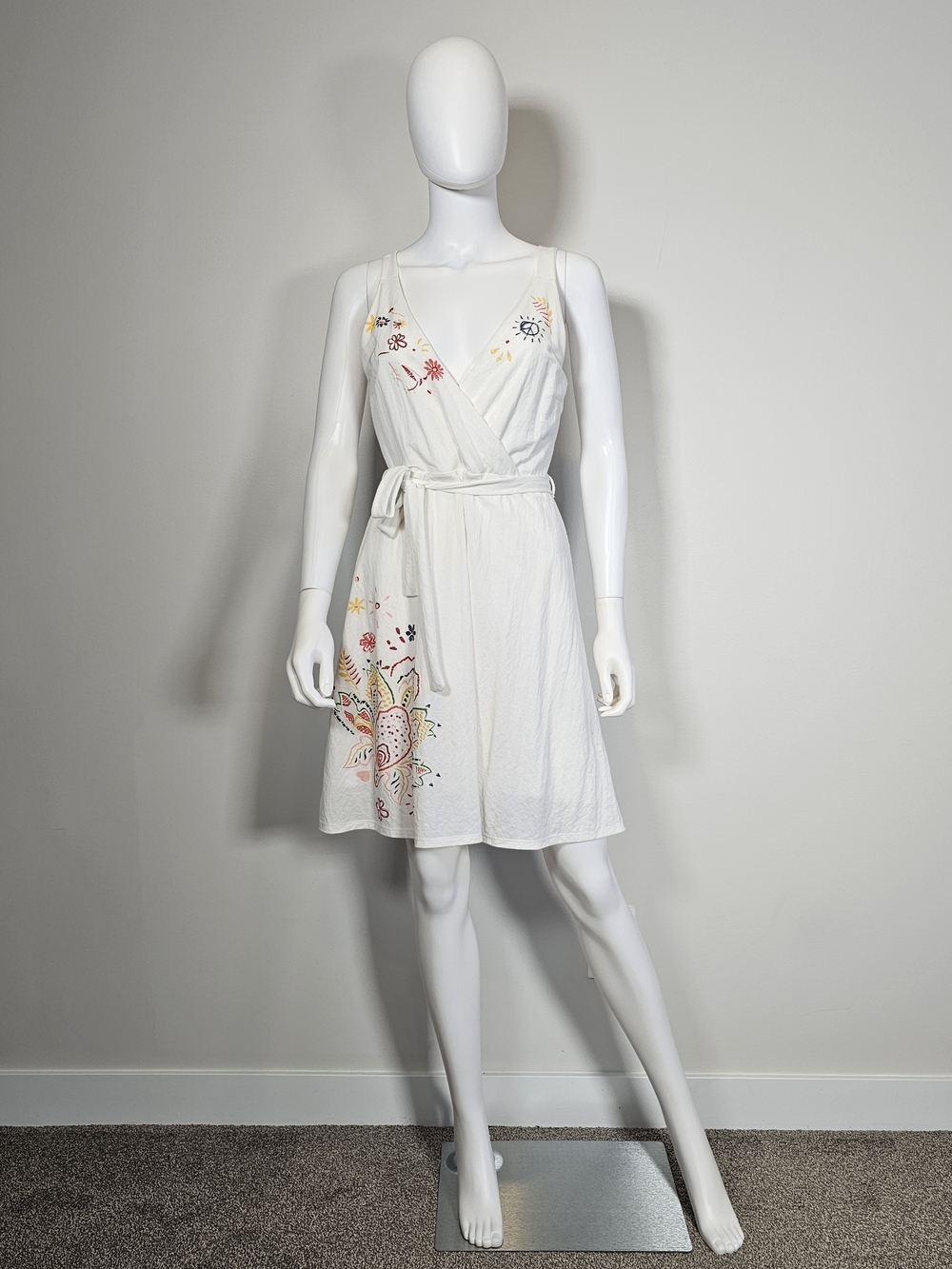 Desigual White Sleeveless Tie-Waist Hippie Boho Floral Summer Dress Sz L